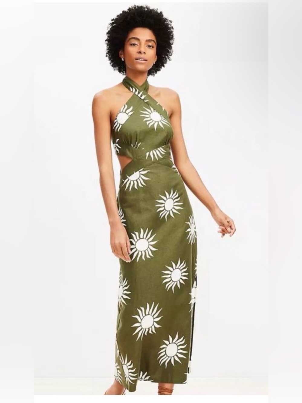 Loft Beach Green Linen Sun Print Cut Out Tie Back Halter Long Dress Size 10